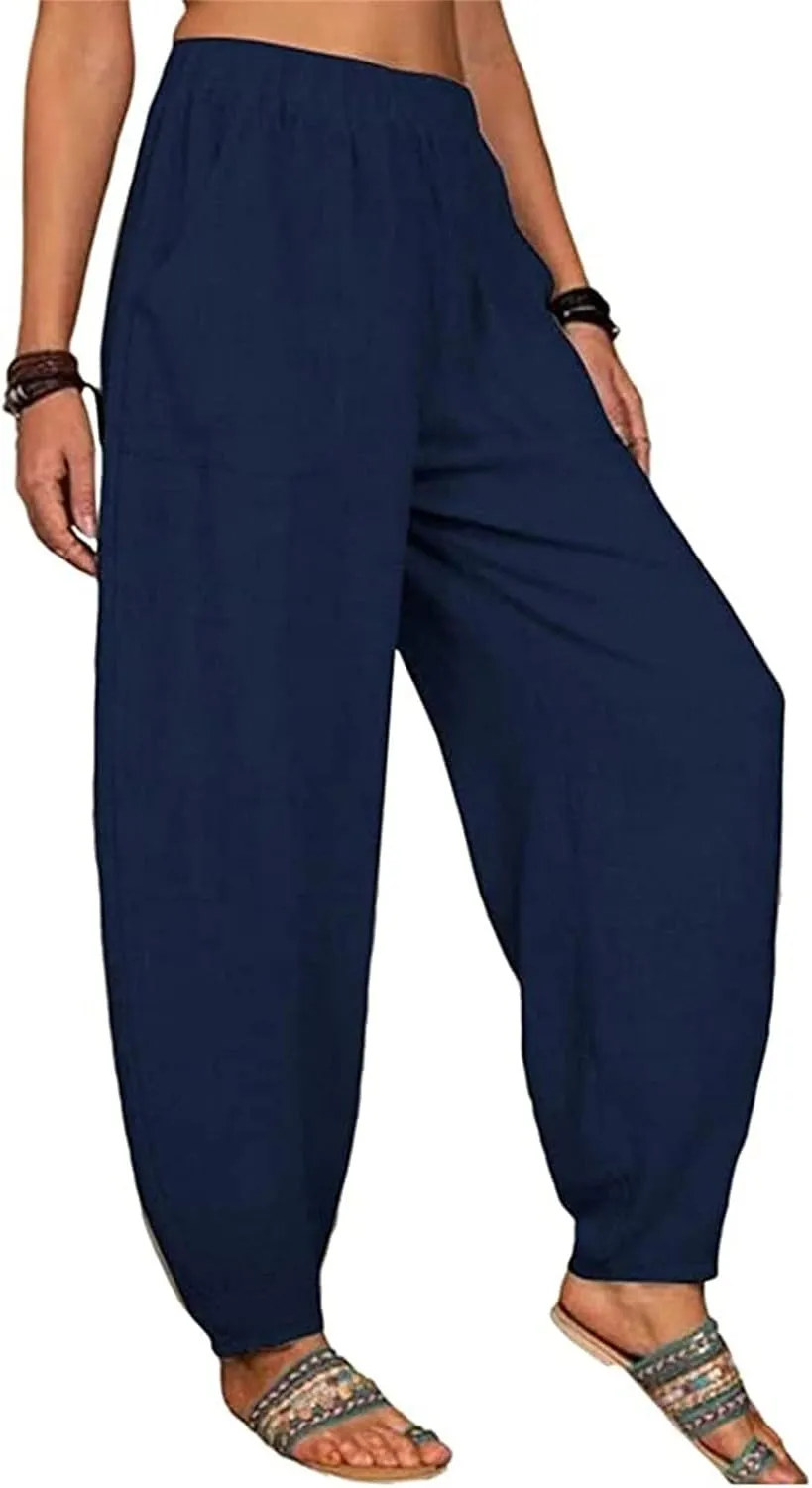 Womens Cotton Linen Harem Pants High Waisted Loose Fit Casual Trousers Elastic 2025 Summer Beach Palazzo Pants Pockets