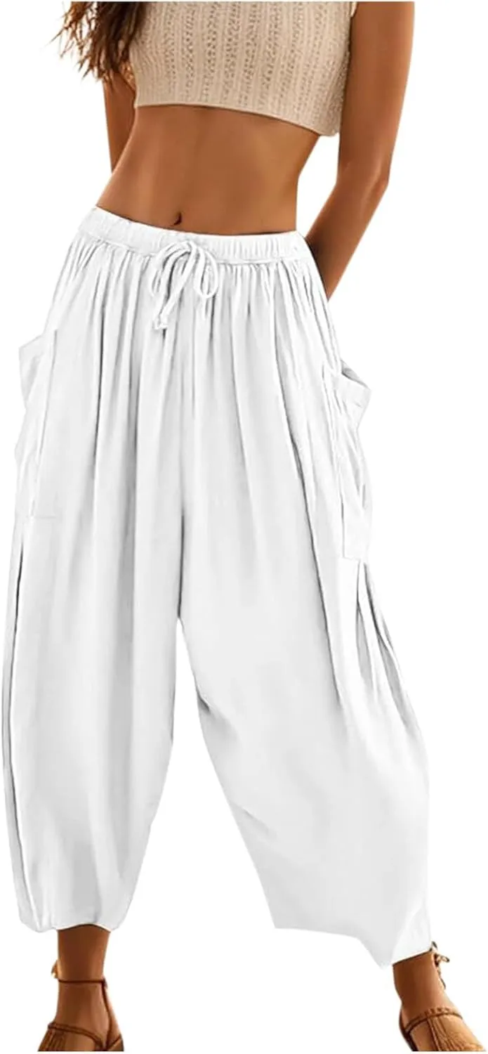 Womens Cotton Linen Harem Pants High Waisted Loose Fit Casual Trousers Elastic 2025 Summer Beach Palazzo Pants Pockets