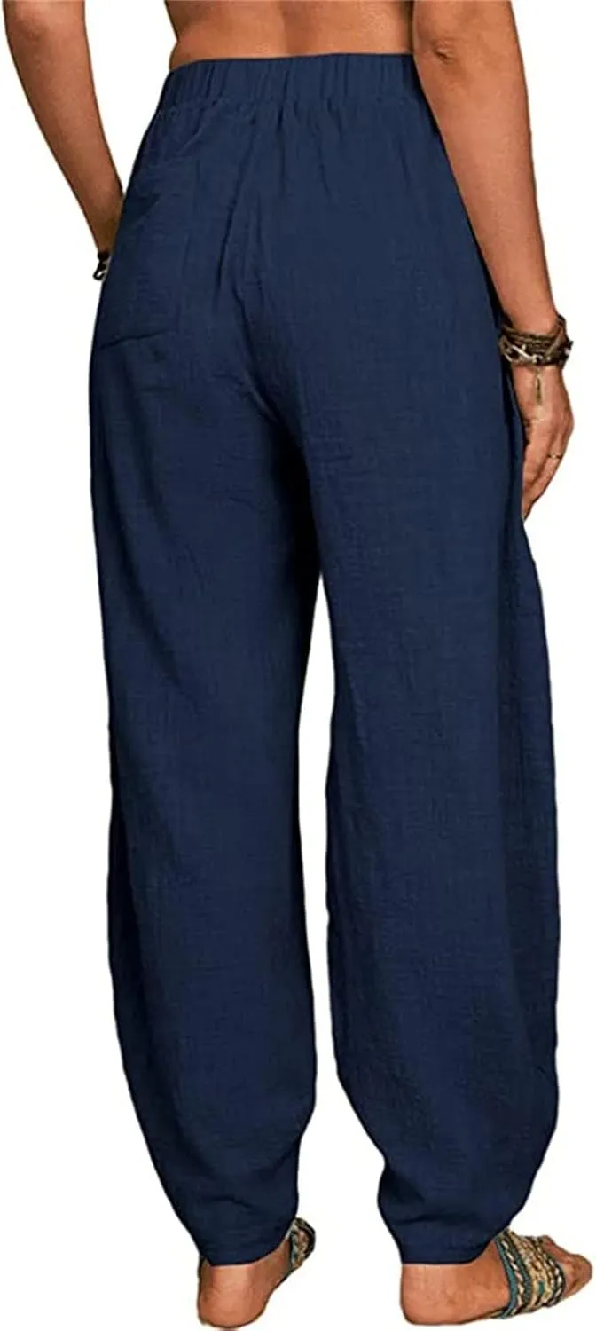 Womens Cotton Linen Harem Pants High Waisted Loose Fit Casual Trousers Elastic 2025 Summer Beach Palazzo Pants Pockets