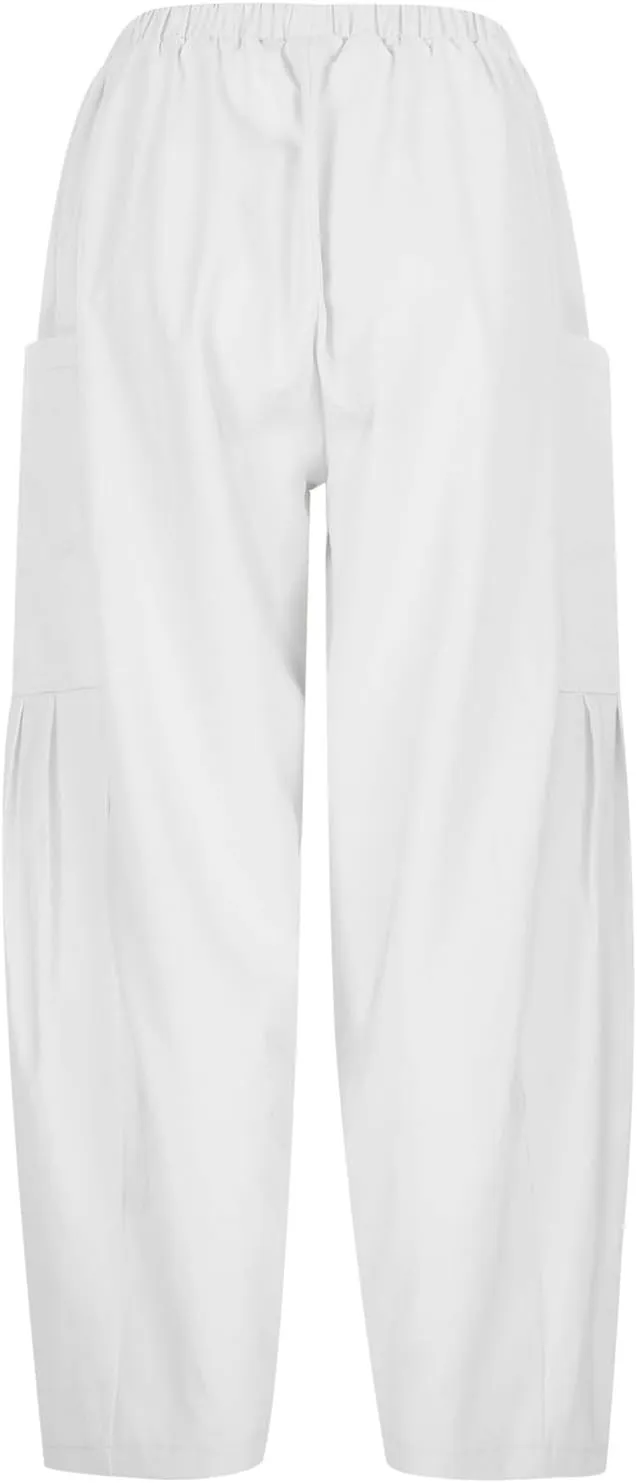 Womens Cotton Linen Harem Pants High Waisted Loose Fit Casual Trousers Elastic 2025 Summer Beach Palazzo Pants Pockets