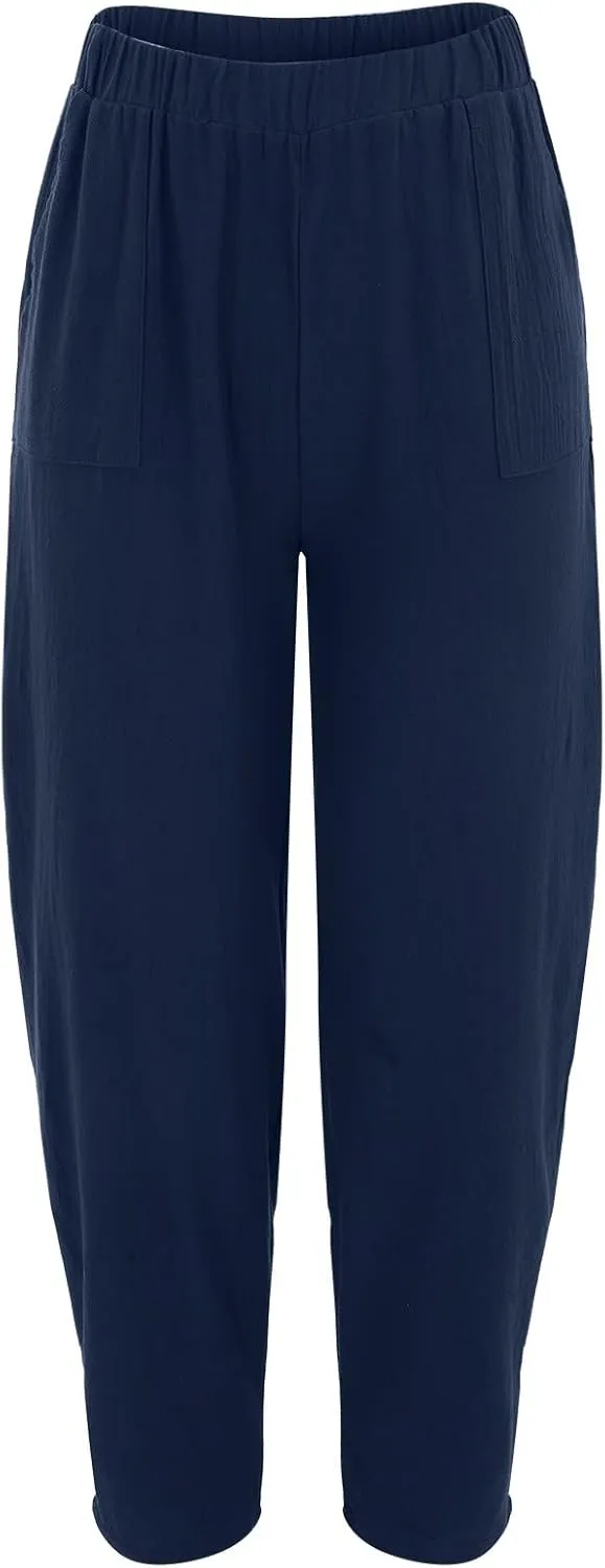 Womens Cotton Linen Harem Pants High Waisted Loose Fit Casual Trousers Elastic 2025 Summer Beach Palazzo Pants Pockets