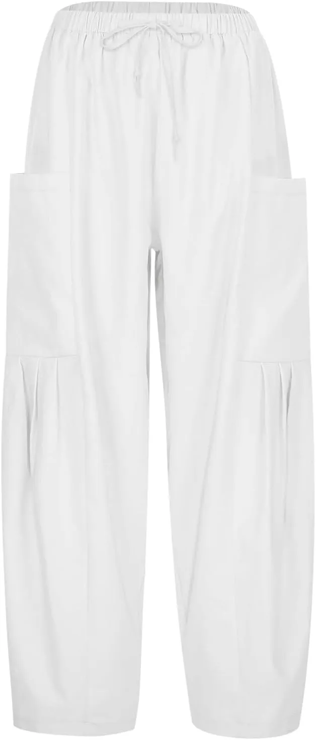 Womens Cotton Linen Harem Pants High Waisted Loose Fit Casual Trousers Elastic 2025 Summer Beach Palazzo Pants Pockets