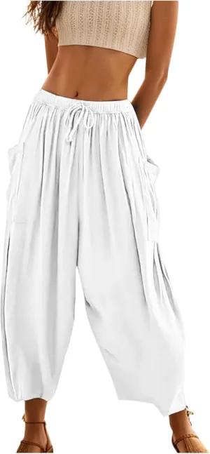 Womens Cotton Linen Harem Pants High Waisted Loose Fit Casual Trousers Elastic 2025 Summer Beach Palazzo Pants Pockets