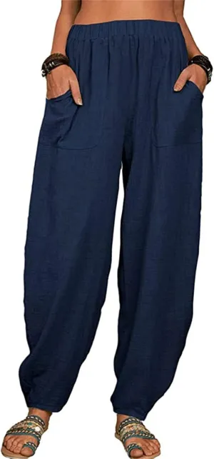 Womens Cotton Linen Harem Pants High Waisted Loose Fit Casual Trousers Elastic 2025 Summer Beach Palazzo Pants Pockets
