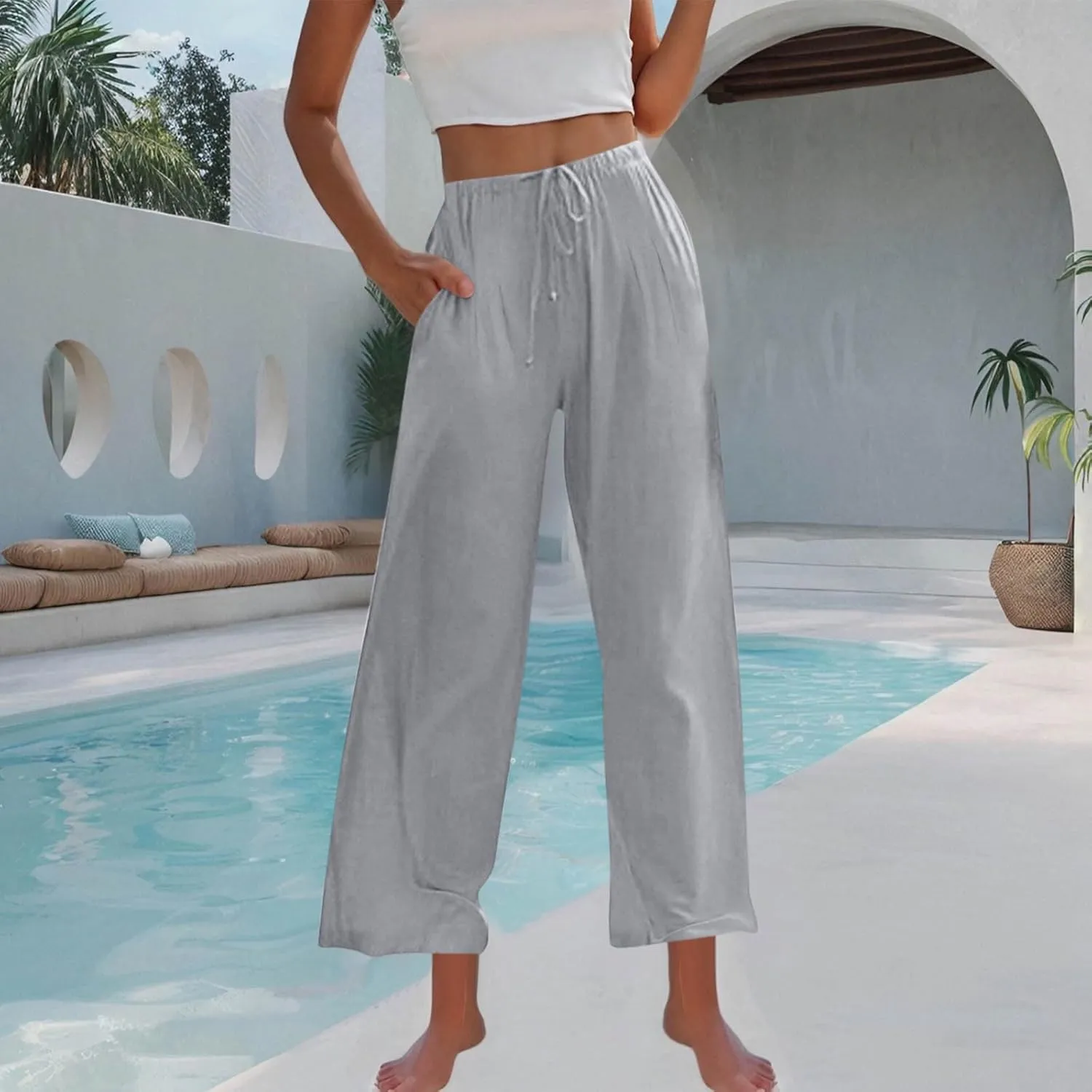 Women's Cotton Linen Pants Summer Drawstring Palazzo Pants Flowy Wide Leg Pants Beach Vacation Clothes with Pockets
