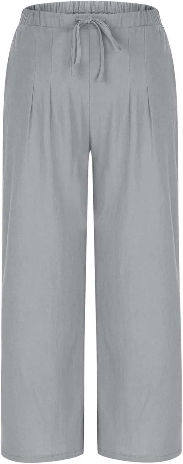 Women's Cotton Linen Pants Summer Drawstring Palazzo Pants Flowy Wide Leg Pants Beach Vacation Clothes with Pockets