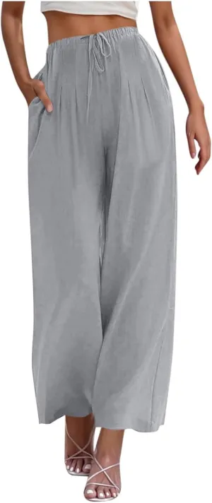 Women's Cotton Linen Pants Summer Drawstring Palazzo Pants Flowy Wide Leg Pants Beach Vacation Clothes with Pockets