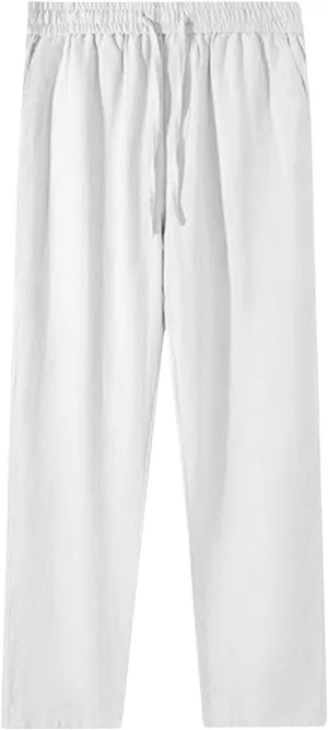 Women's Cotton Linen Straight Leg Pants Plus Size Drawstring Casual Trousers with Pockets Summer Beach Lounge Pant