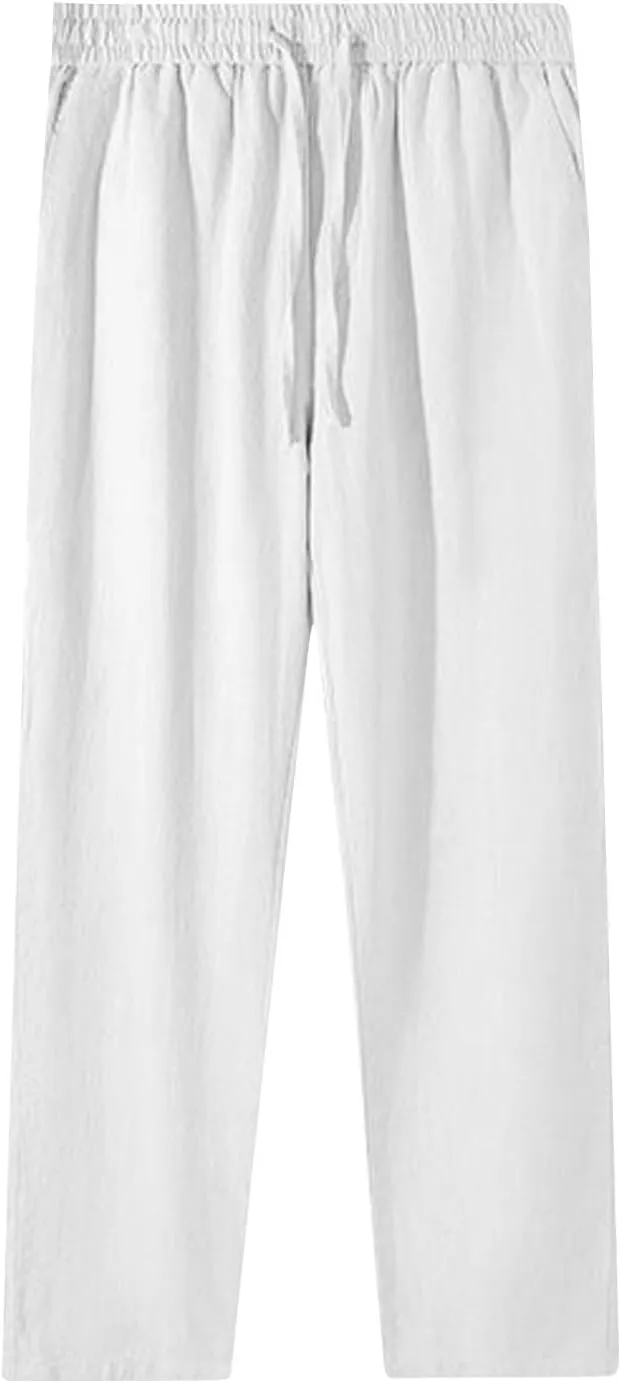 Women's Cotton Linen Straight Leg Pants Plus Size Drawstring Casual Trousers with Pockets Summer Beach Lounge Pant