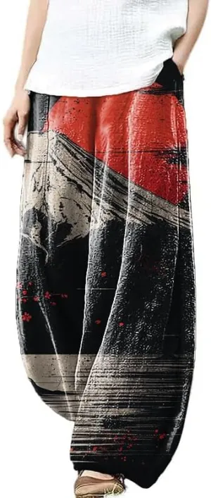 Womens Cotton Linen Wide Leg Pants High Waist Casual Loose Fit Summer Beach Yoga Harem Baggy Hippie Pants