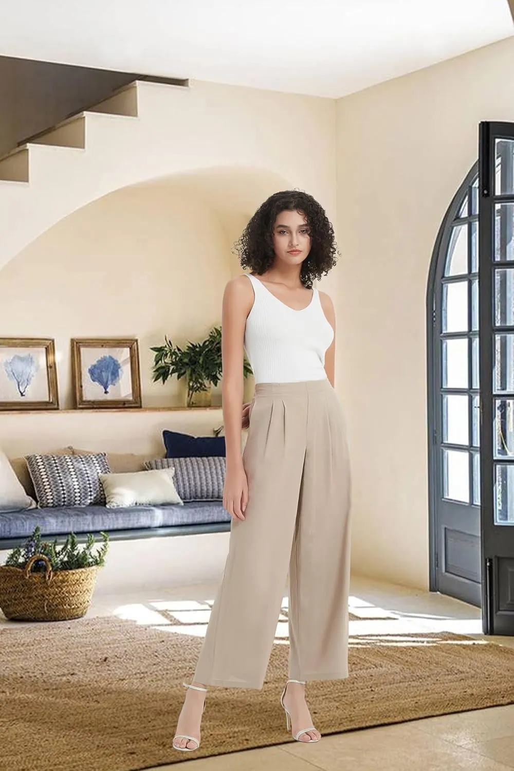 Womens Cotton Linen Wide Leg Pants Summer Flowy Beach Casual Loose Trousers with Pockets