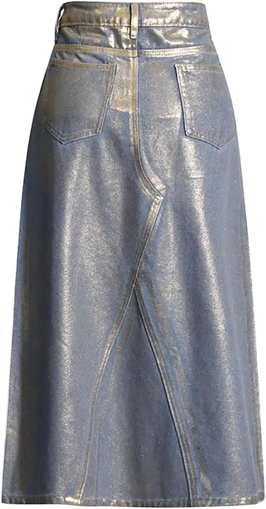 Women's Distressed Stamping Long Denim Skirt High Waisted Trendy A-Line Ankle Length Maxi Jean Skirts