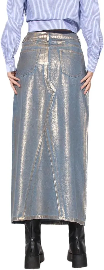 Women's Distressed Stamping Long Denim Skirt High Waisted Trendy A-Line Ankle Length Maxi Jean Skirts