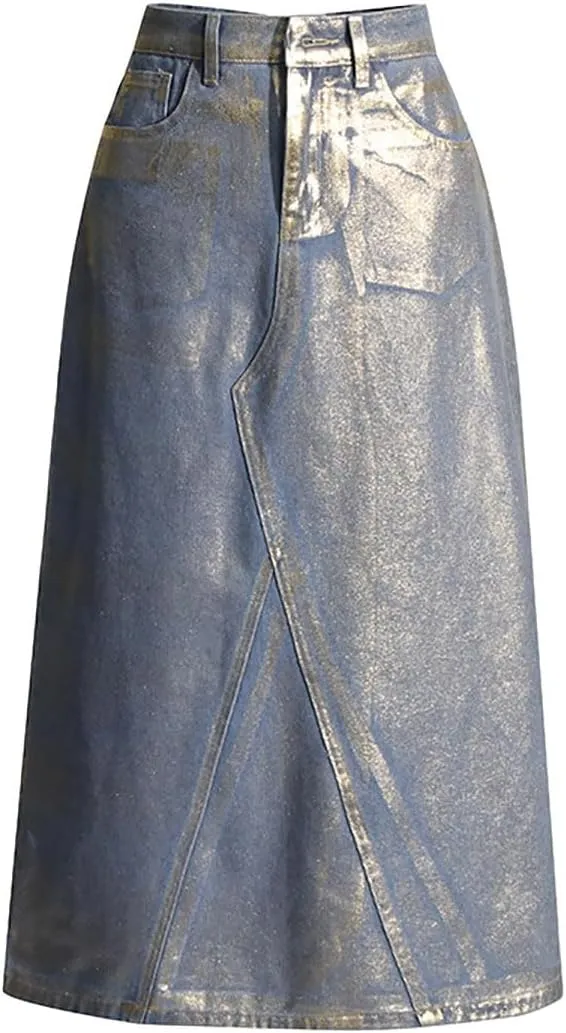 Women's Distressed Stamping Long Denim Skirt High Waisted Trendy A-Line Ankle Length Maxi Jean Skirts