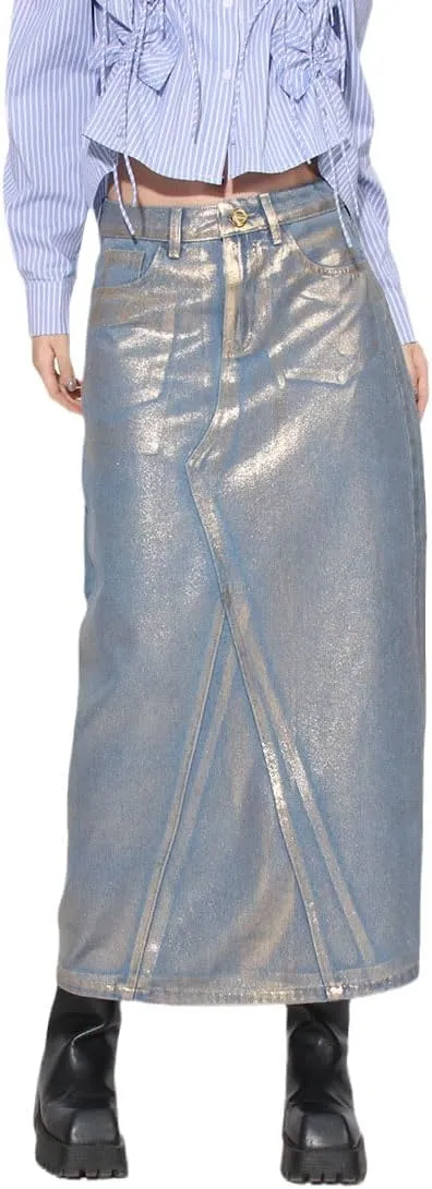 Women's Distressed Stamping Long Denim Skirt High Waisted Trendy A-Line Ankle Length Maxi Jean Skirts