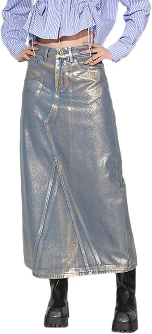 Women's Distressed Stamping Long Denim Skirt High Waisted Trendy A-Line Ankle Length Maxi Jean Skirts