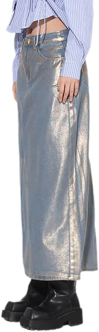 Women's Distressed Stamping Long Denim Skirt High Waisted Trendy A-Line Ankle Length Maxi Jean Skirts