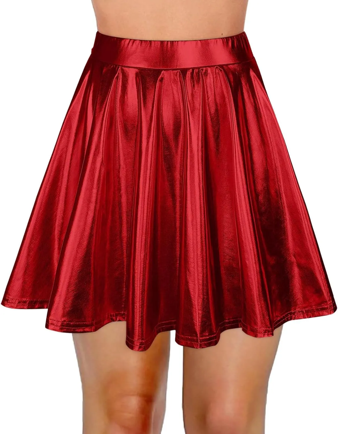 Womens Fashion High Waist Pleated Skirts Shiny Metallic Skater Skirt Sparkly Flared A Line Mini Skort Rave Party Outfit
