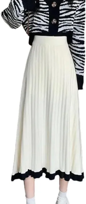 Women's Fashion Ruffle Hem Knitted Midi Skirts Spliced Elastic High Waist A-Line Pleated Skirts Female Weekend Skirt