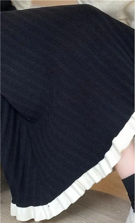 Women's Fashion Ruffle Hem Knitted Midi Skirts Spliced Elastic High Waist A-Line Pleated Skirts Female Weekend Skirt