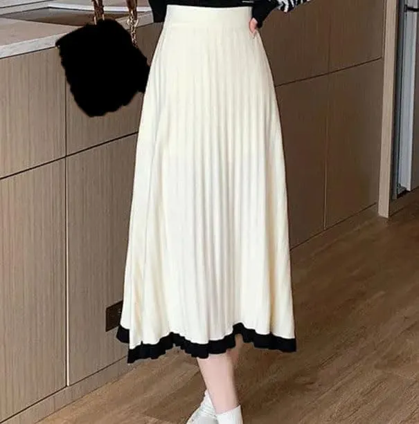 Women's Fashion Ruffle Hem Knitted Midi Skirts Spliced Elastic High Waist A-Line Pleated Skirts Female Weekend Skirt