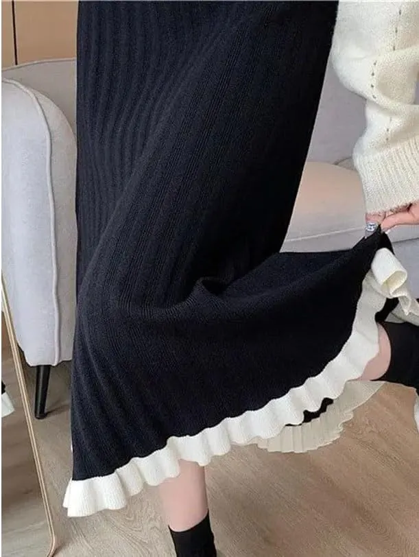 Women's Fashion Ruffle Hem Knitted Midi Skirts Spliced Elastic High Waist A-Line Pleated Skirts Female Weekend Skirt