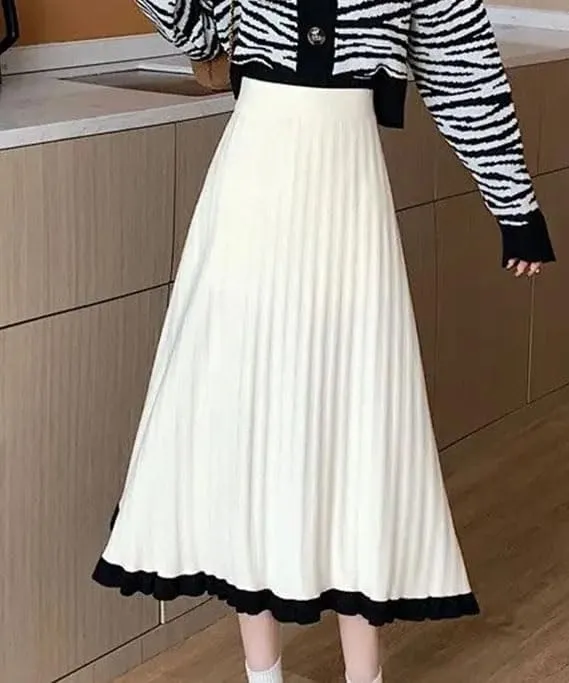 Women's Fashion Ruffle Hem Knitted Midi Skirts Spliced Elastic High Waist A-Line Pleated Skirts Female Weekend Skirt