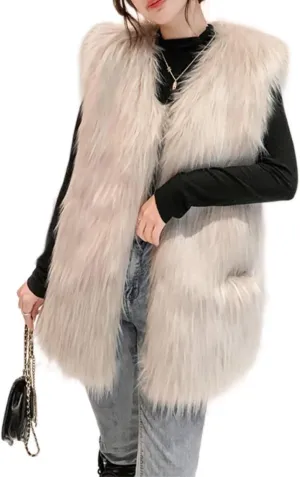 Women's Faux Fur Vest Long Coat Sleeveless Jacket Girls Winter Fluffy Warm Outwear Plush Overcoat with Pockets