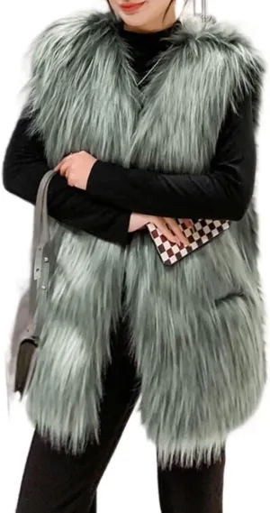Women's Faux Fur Vest Long Coat Sleeveless Jacket Girls Winter Fluffy Warm Outwear Plush Overcoat with Pockets