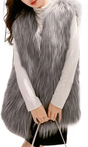 Women's Faux Fur Vest Long Coat Sleeveless Jacket Girls Winter Fluffy Warm Outwear Plush Overcoat with Pockets