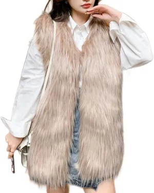 Women's Faux Fur Vest Long Coat Sleeveless Jacket Girls Winter Fluffy Warm Outwear Plush Overcoat with Pockets