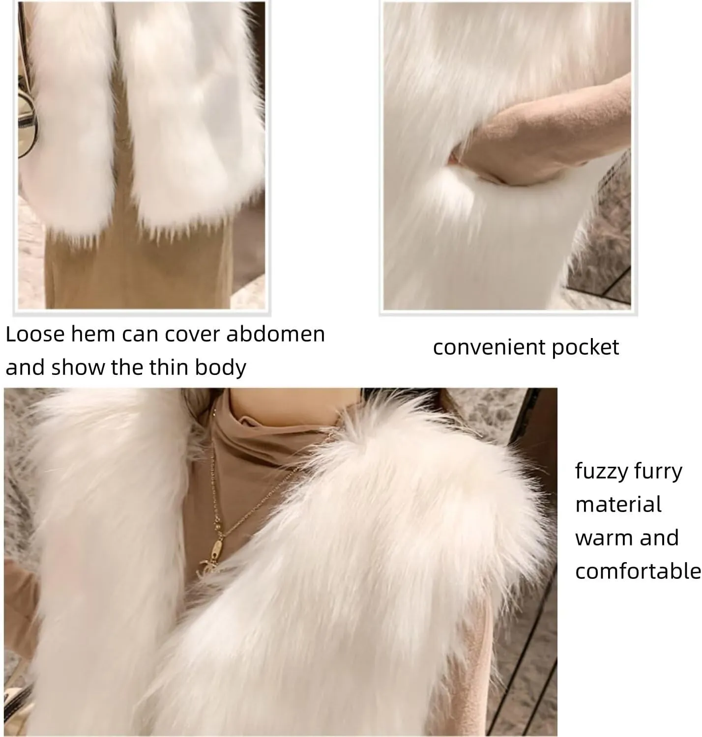 Women's Faux Fur Vest Long Coat Sleeveless Jacket Girls Winter Fluffy Warm Outwear Plush Overcoat with Pockets