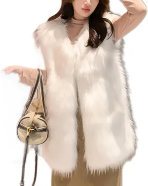 Women's Faux Fur Vest Long Coat Sleeveless Jacket Girls Winter Fluffy Warm Outwear Plush Overcoat with Pockets