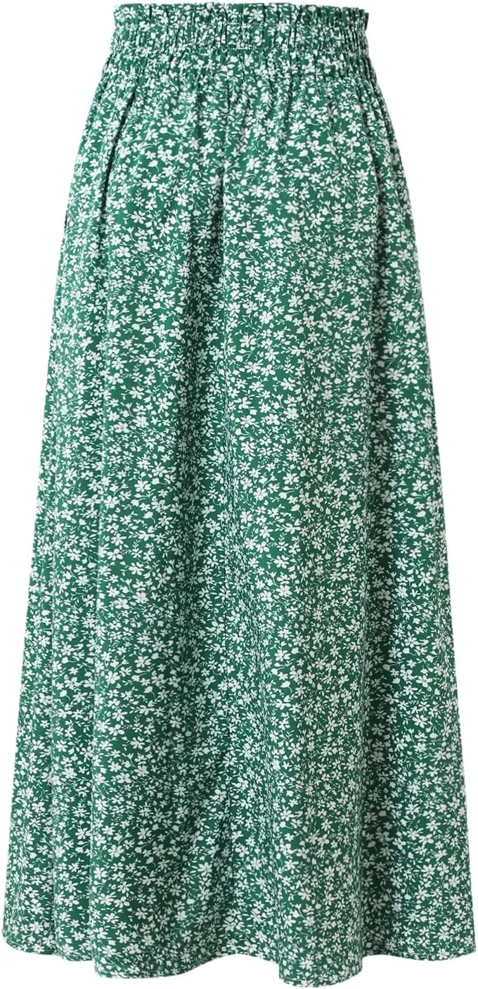 Women's Floral High-waisted Skirt Elastic-waisted Casualt with Pockets Summer and Fall Beach Dress