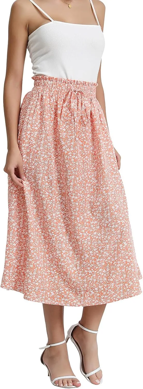 Women's Floral High-waisted Skirt Elastic-waisted Casualt with Pockets Summer and Fall Beach Dress