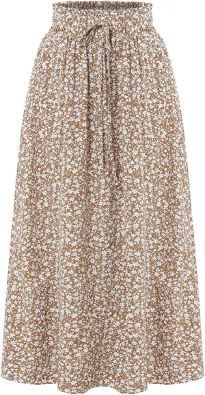 Women's Floral High-waisted Skirt Elastic-waisted Casualt with Pockets Summer and Fall Beach Dress
