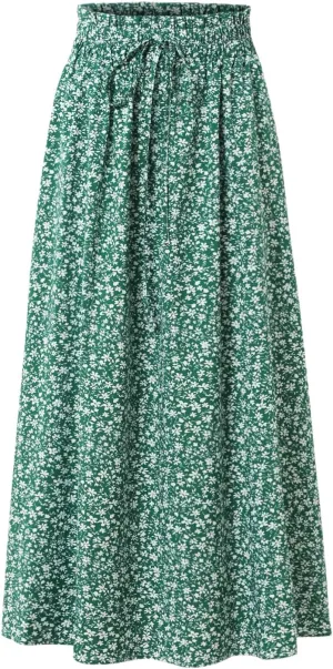 Women's Floral High-waisted Skirt Elastic-waisted Casualt with Pockets Summer and Fall Beach Dress