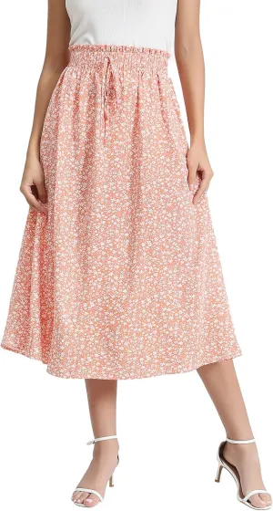 Women's Floral High-waisted Skirt Elastic-waisted Casualt with Pockets Summer and Fall Beach Dress