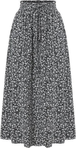 Women's Floral High-waisted Skirt Elastic-waisted Casualt with Pockets Summer and Fall Beach Dress