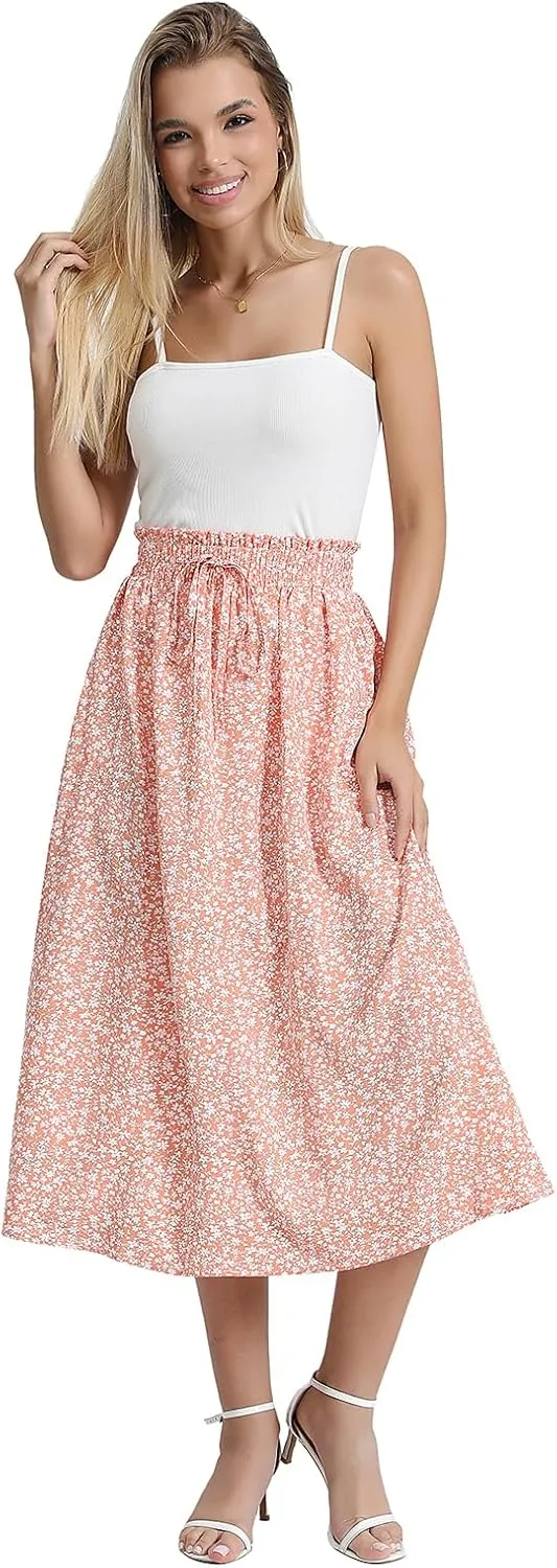 Women's Floral High-waisted Skirt Elastic-waisted Casualt with Pockets Summer and Fall Beach Dress