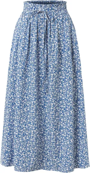 Women's Floral High-waisted Skirt Elastic-waisted Casualt with Pockets Summer and Fall Beach Dress