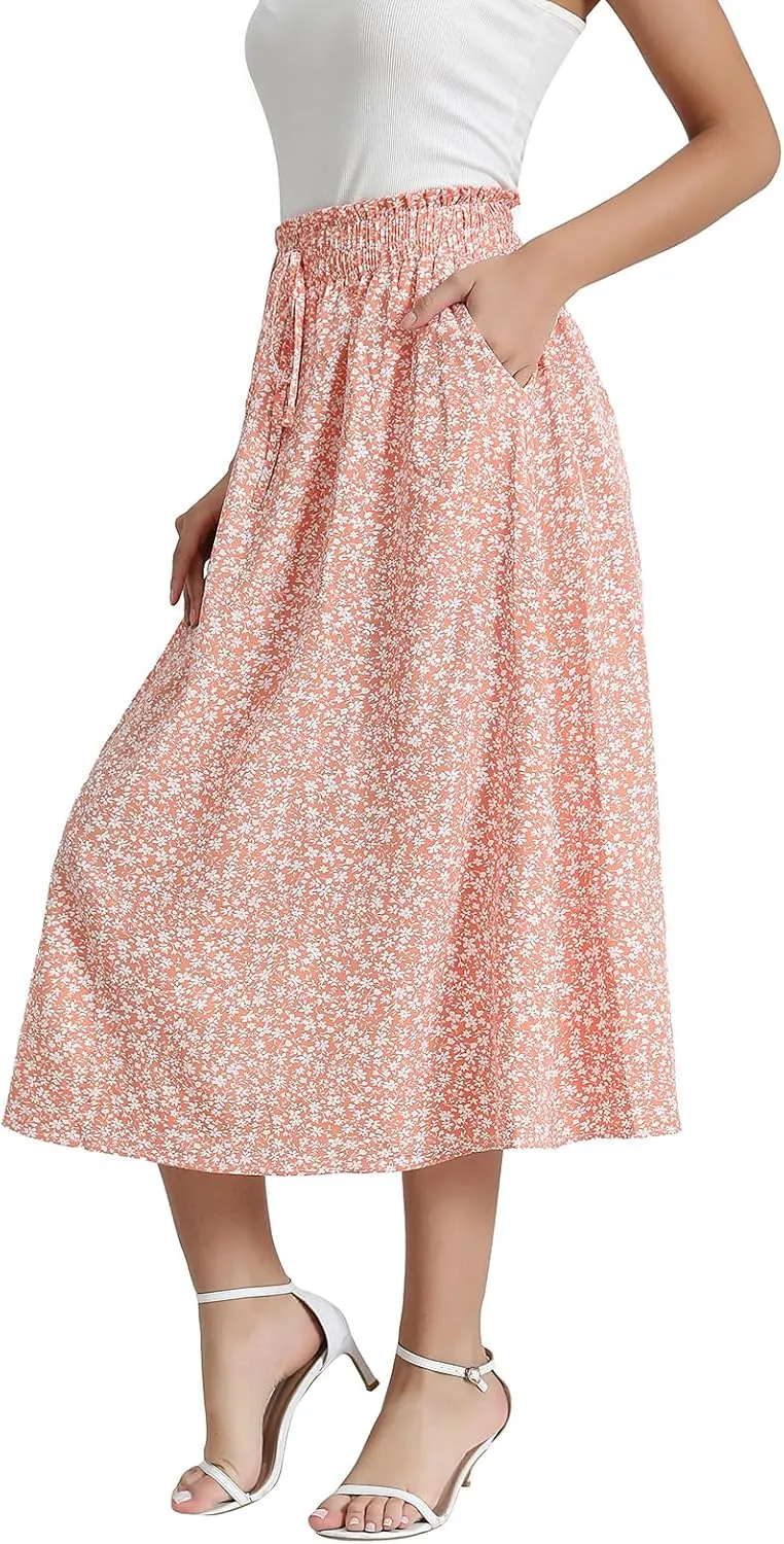 Women's Floral High-waisted Skirt Elastic-waisted Casualt with Pockets Summer and Fall Beach Dress
