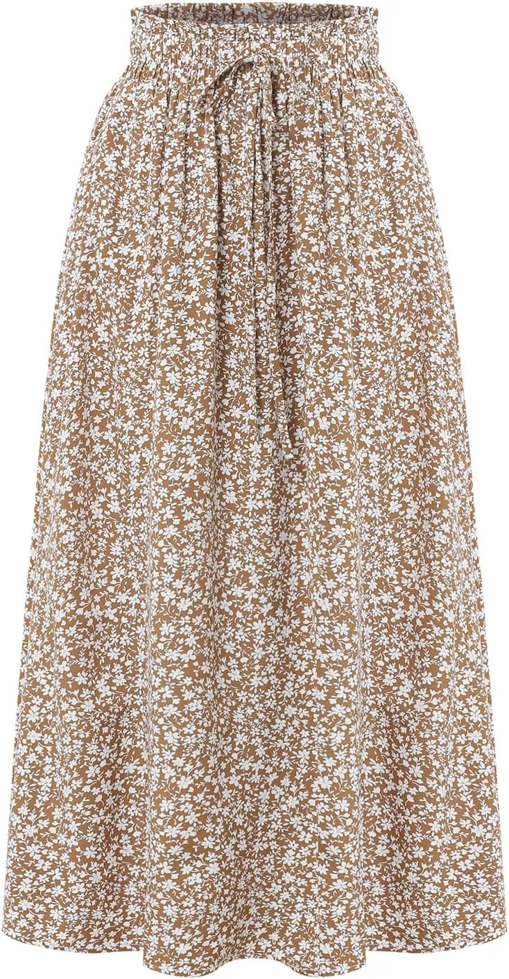 Women's Floral High-waisted Skirt Elastic-waisted Casualt with Pockets Summer and Fall Beach Dress