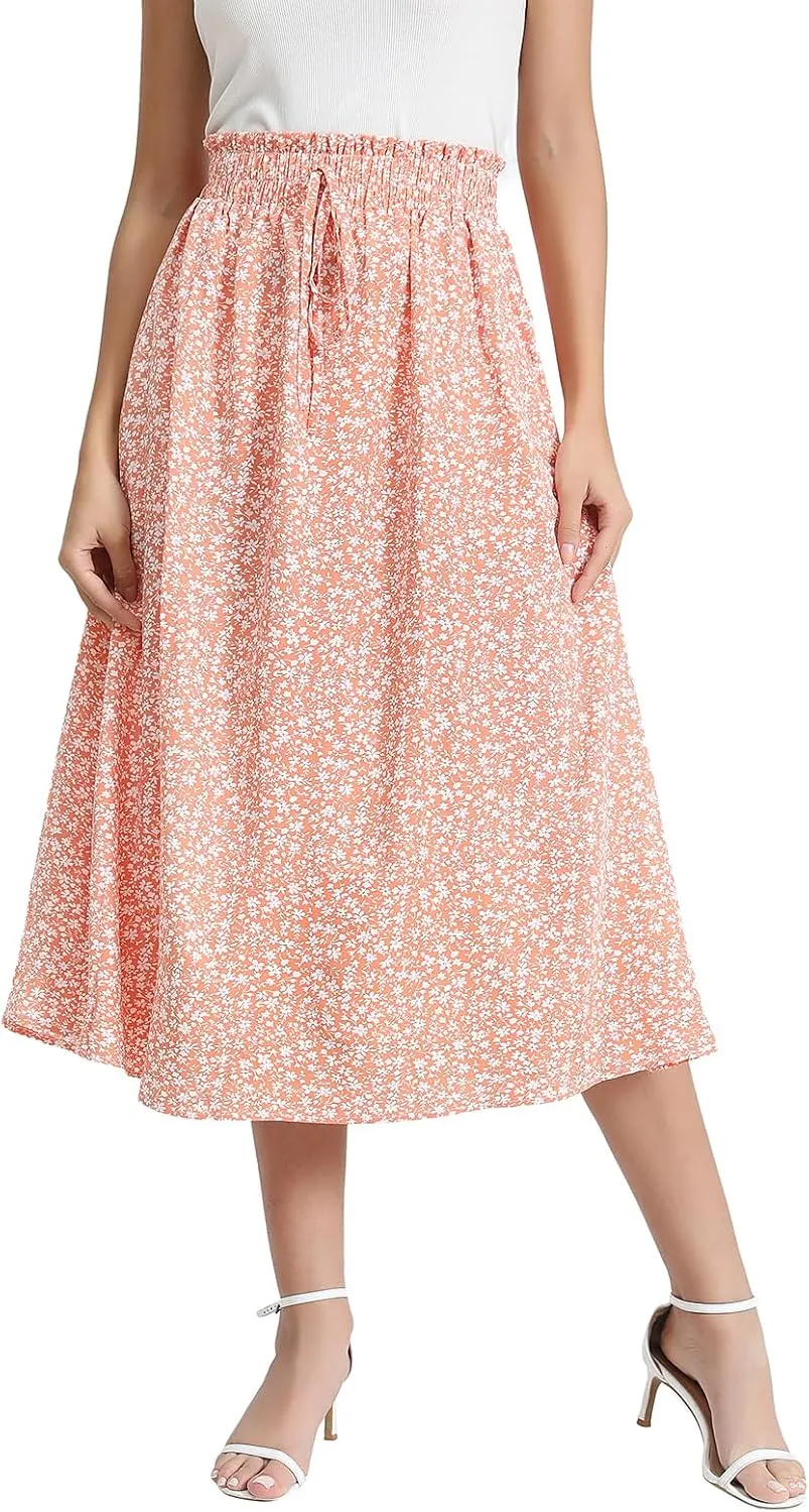 Women's Floral High-waisted Skirt Elastic-waisted Casualt with Pockets Summer and Fall Beach Dress