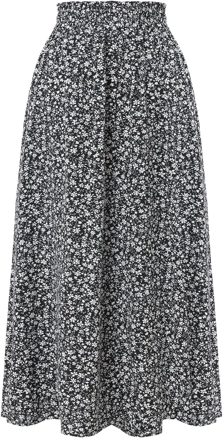 Women's Floral High-waisted Skirt Elastic-waisted Casualt with Pockets Summer and Fall Beach Dress