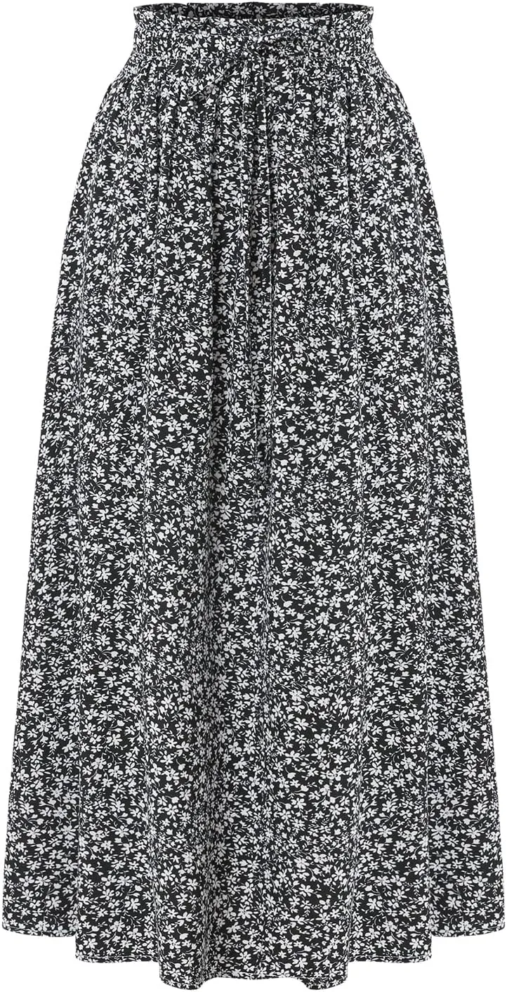 Women's Floral High-waisted Skirt Elastic-waisted Casualt with Pockets Summer and Fall Beach Dress
