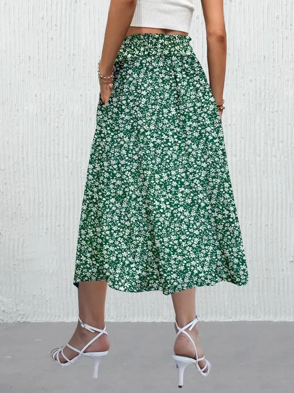 Women's Floral High-waisted Skirt Elastic-waisted Casualt with Pockets Summer and Fall Beach Dress