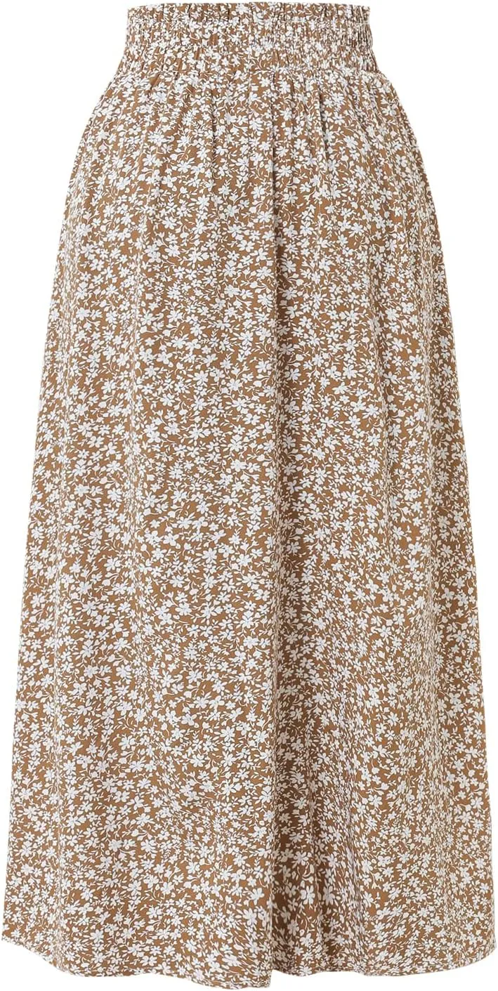 Women's Floral High-waisted Skirt Elastic-waisted Casualt with Pockets Summer and Fall Beach Dress