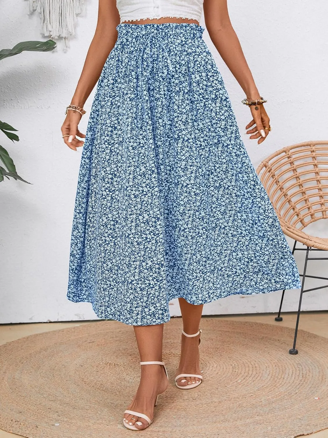 Women's Floral High-waisted Skirt Elastic-waisted Casualt with Pockets Summer and Fall Beach Dress
