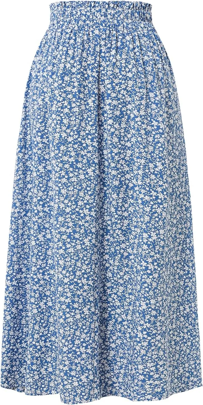 Women's Floral High-waisted Skirt Elastic-waisted Casualt with Pockets Summer and Fall Beach Dress